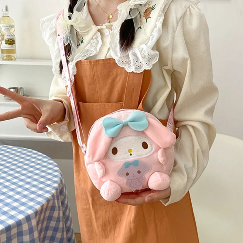 Sanrio Handbag One Shoulder Diagonal Bag HelloKitty mymelody Kuromi Pompom Purin Plush Toy Kawaii Children's Birthday Gift