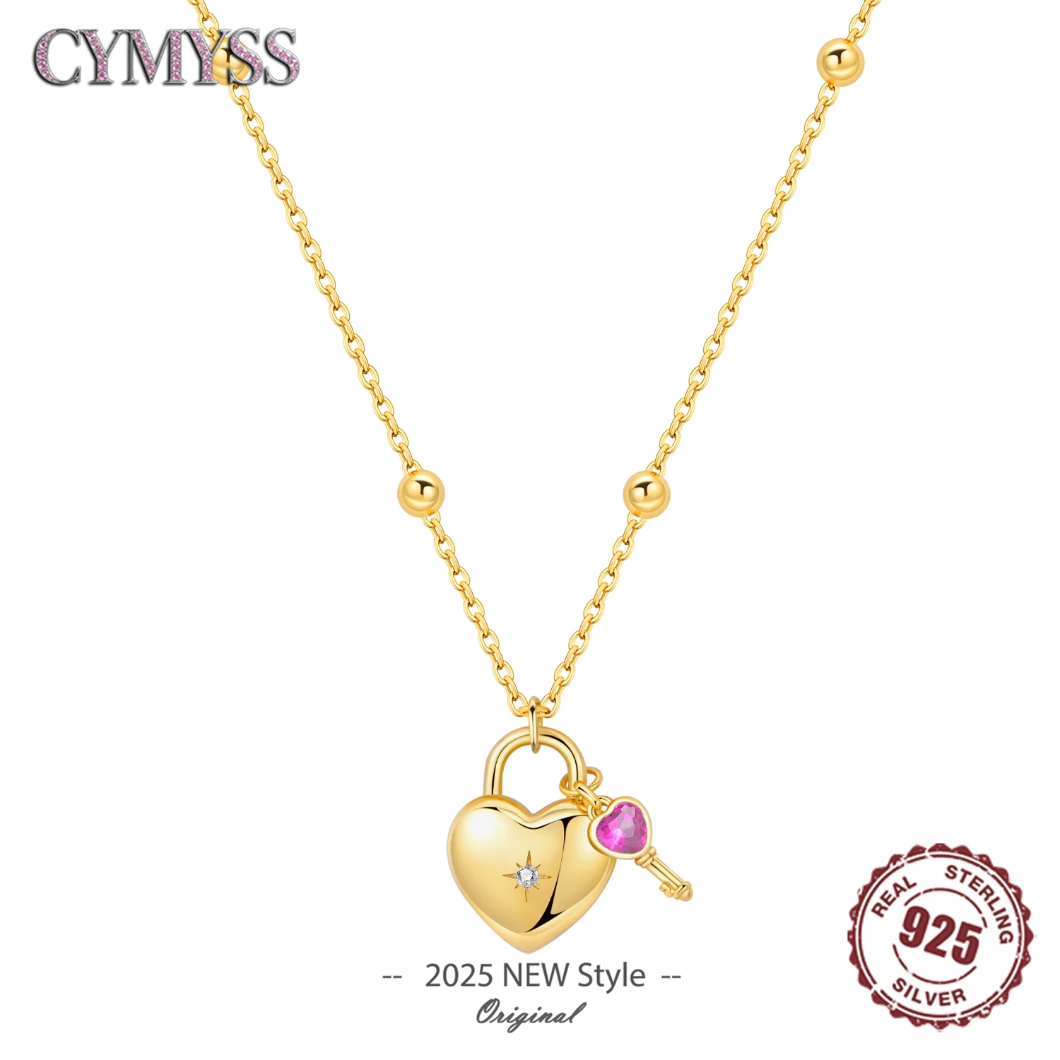 Original 925 prata esterlina 18k ouro coração bloqueio e chave colar em forma de y corrente colar para mulheres memorial oração jóias presente