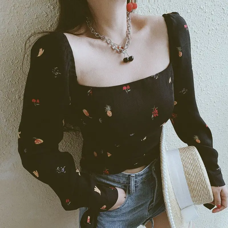 Spring Summer New Printing Fashion Long Sleeve Blouse Women French Style High Street Casual Square Collar Pleated Chic Pullover