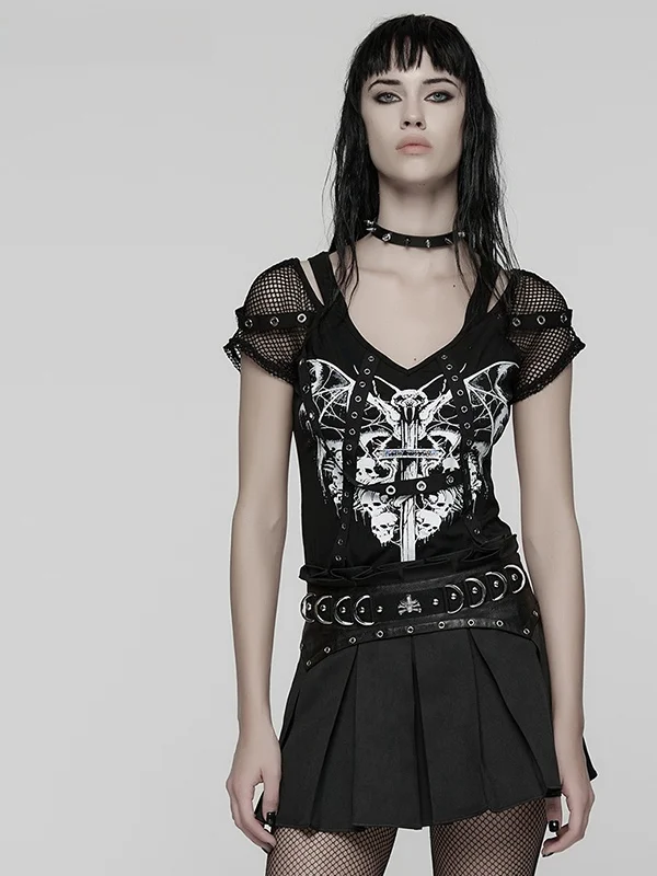 

PUNKRAVE Gothic Bat Print Mesh Slim Fit Short Sleeve T-Shirt Women's Sexy Streetwear V-Neck Casual Summer Top