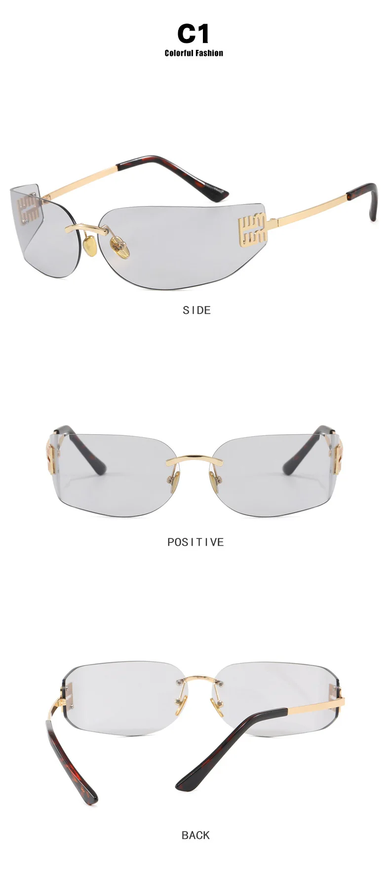 Hochwertige Randlose Rahmenlose Sonnenbrille für Damen Luxuriöse Personalisierte Y2k Gebogene Metallbuchstaben Sonnenbrillen Damenschattierungen – Detail 7