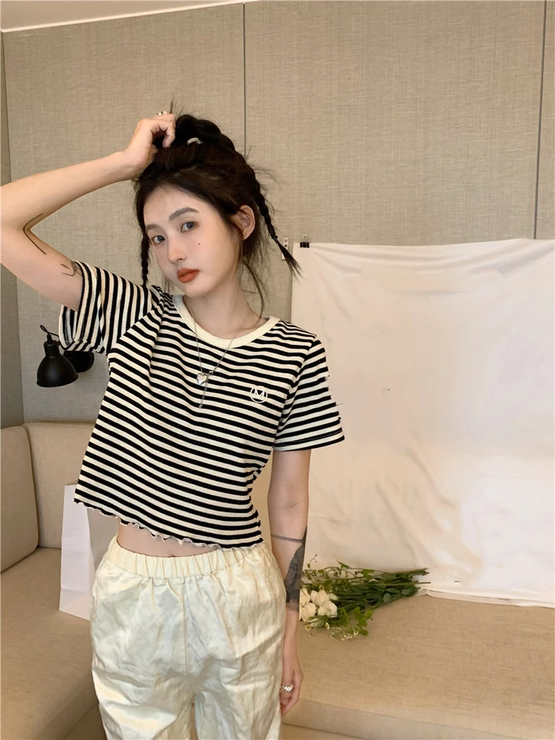 2025 neue Gestreiften Crop Top Frauen Koreanische Crew Neck Sommer Print Kurzarm Tops Dünne Beiläufige Einfache Alle-spiel frauen T Shirts – Detail 15
