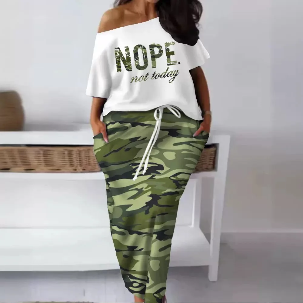 Women New Letter Print Short-Sleeve T-shirt Tee Top High Waist Camouflage Slim Skirt Clothing Suit 2pcs Clothes Set Summer