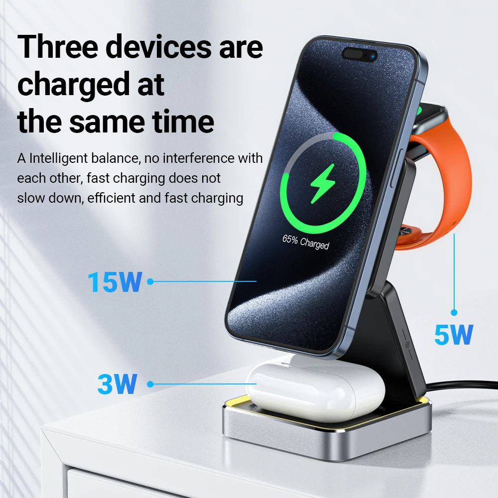 ACEFAST Aluminum Alloy 15W Wireless Magnetic Wireless Charging Holder For iPhone 16/15/14 Foldable 3 in 1 Charging Dock Station - Image 2