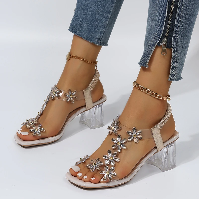 Sandals Women Summer New Fashion Women\'s Sandals 2022 Flowers Rhinestone Sandals Transparent Root Open Toe Sandals Woman Shoes