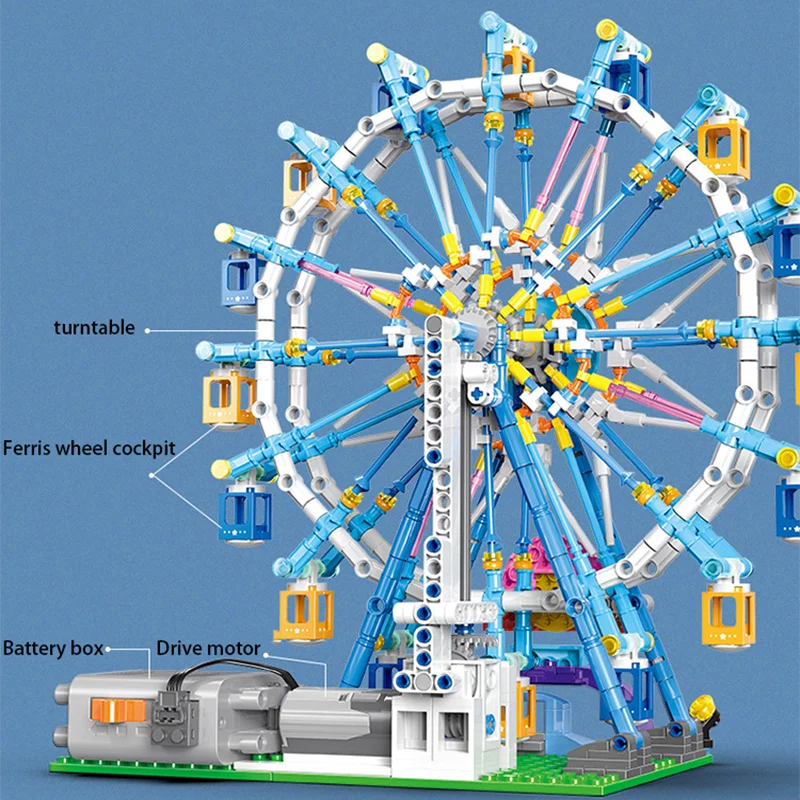 870PCS Playground series Electric Ferris Wheel Model building blocks Desktop decoration holiday gift DIY children's toys XB18023