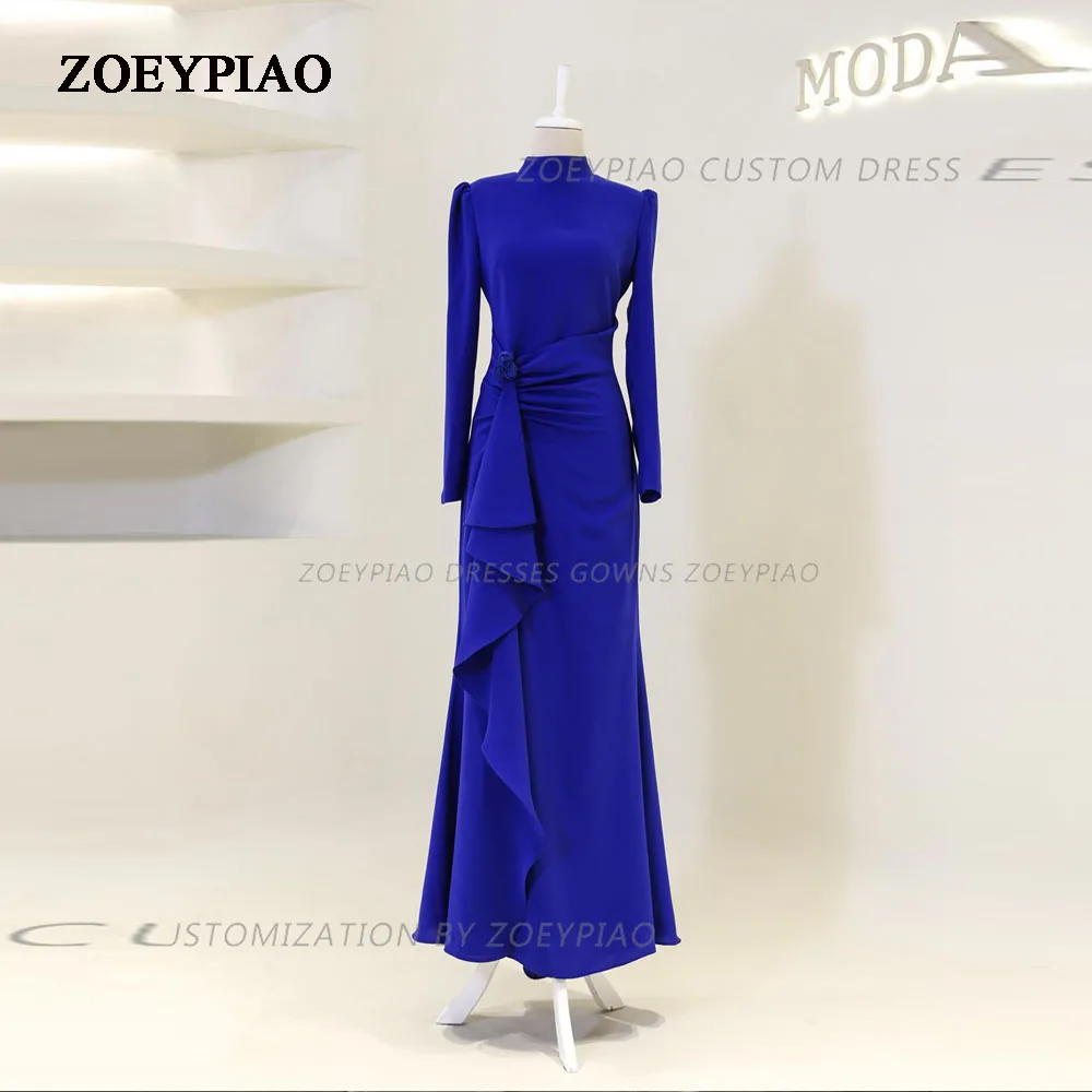 Formal Casual Royal Blue Long Evening Dress Satin Pleated Long Sleeves High Neck Custom Arabic Dubai Party Dress Prom Gowns