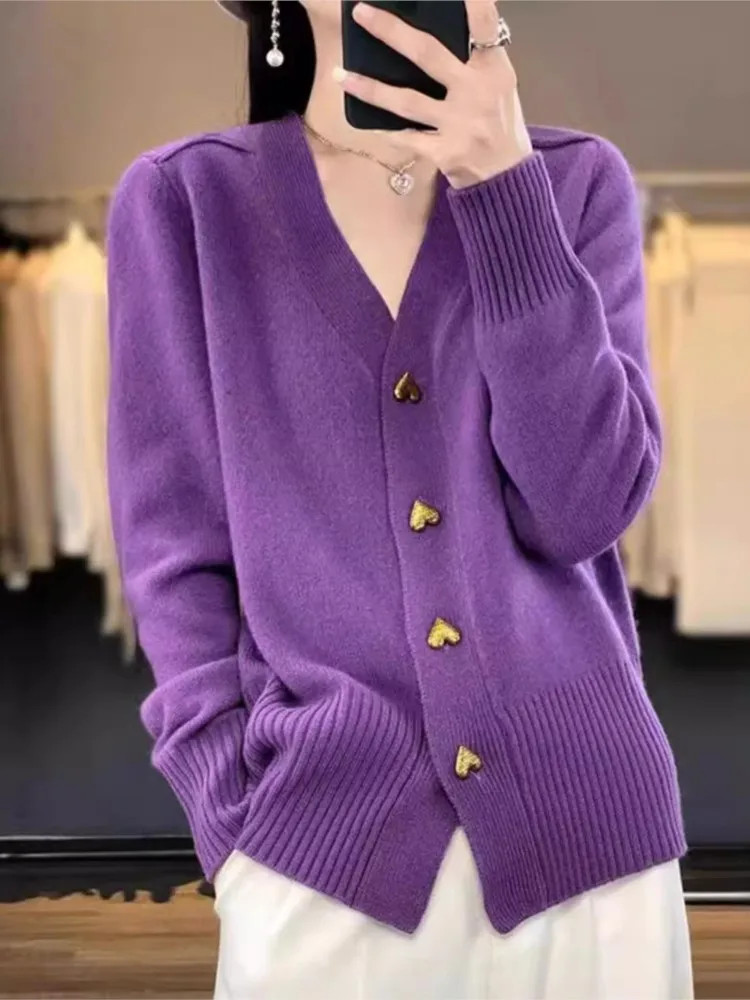Autumn Winter Fashion Heart-shaped Button Cardigan For Woman Solid Color V-neck Long Sleeves Knitted Sweaters Ladies Warm Coats
