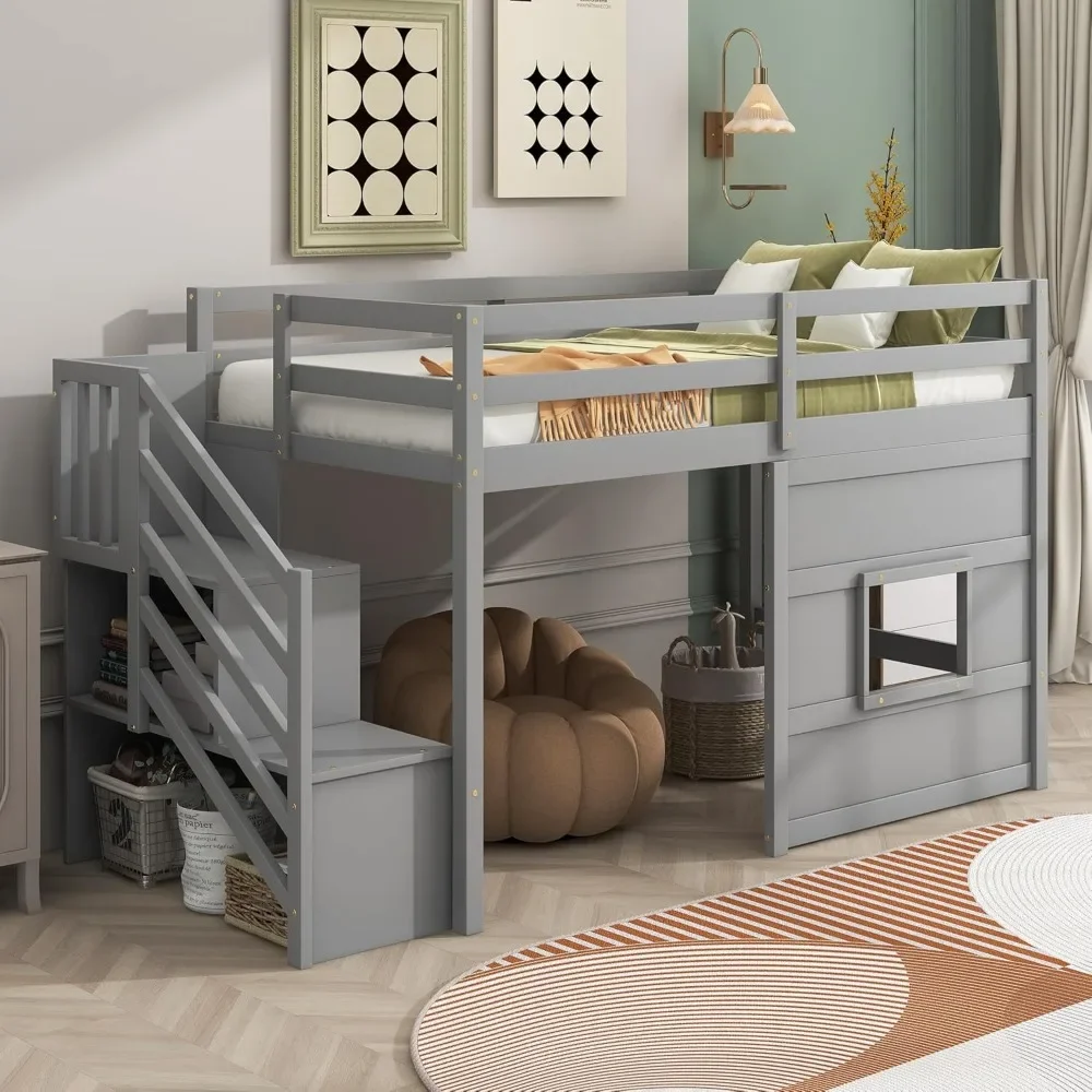 

Low Loft Bed with Stairs, Twin Bed Frame for Kids with Storage, Gray