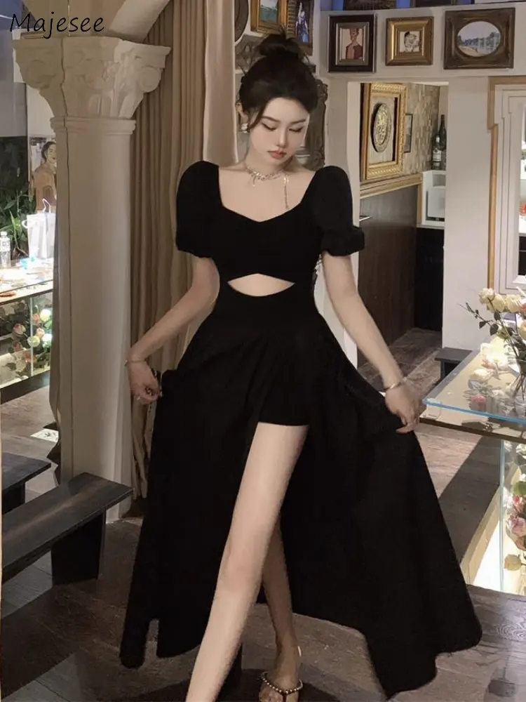 Black Maxi Dress Women Hollow Out Gentle Vintage A-line Summer French Style Graceful Chic Partywear Vestidos Fairycore Designed