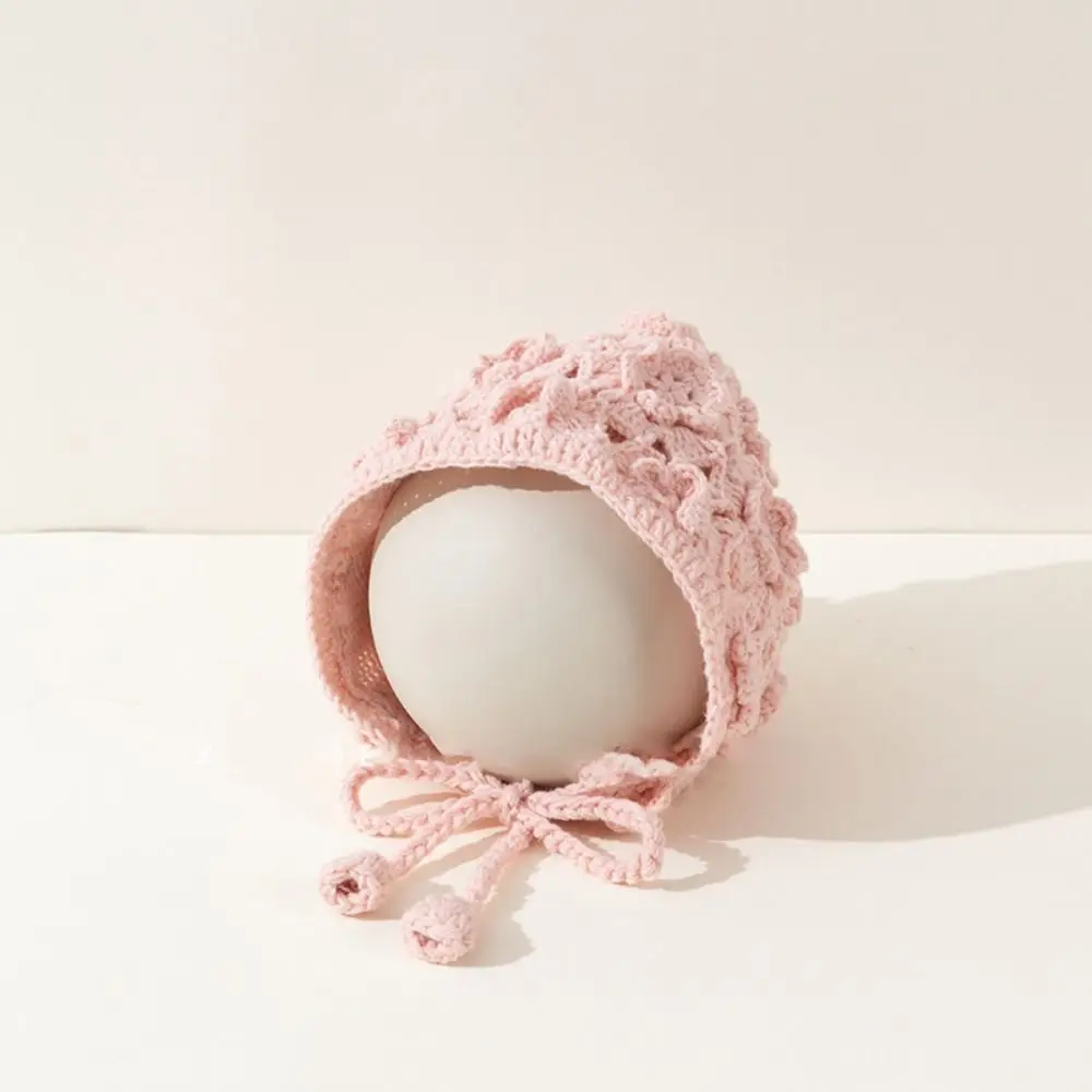 

Vintage Openwork Flower Hand Knitted Hat Ear Protection Solid Color Autumn Winter Hat Fringe Strap Keep Warm Kids Cap Girl