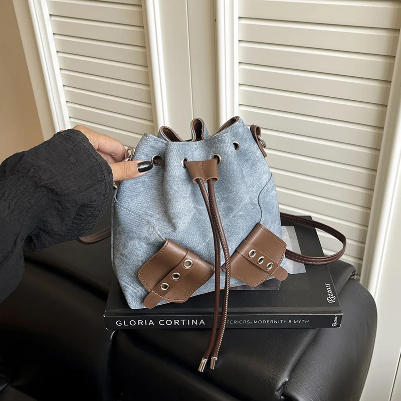 

Retro Drawstring Bucket Shoulder Bag for Women Spliced Design Female Clutch Purse Handbags Pu Leather Ladies Crossbody Bags