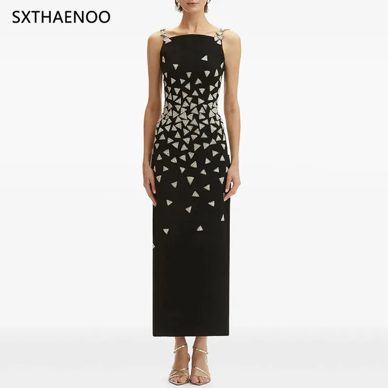 

SXTHAENOO Sexy Spliced Diamond Dresses for Women Square Collar Sleeveless High Waist Temperament Tight Long Sling Dress Female