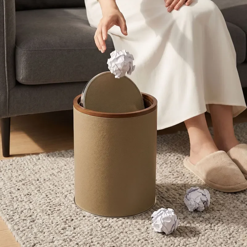 Light luxury leather round with lid trash can household living room bedroom high-grade waterproof imitation leather storage
