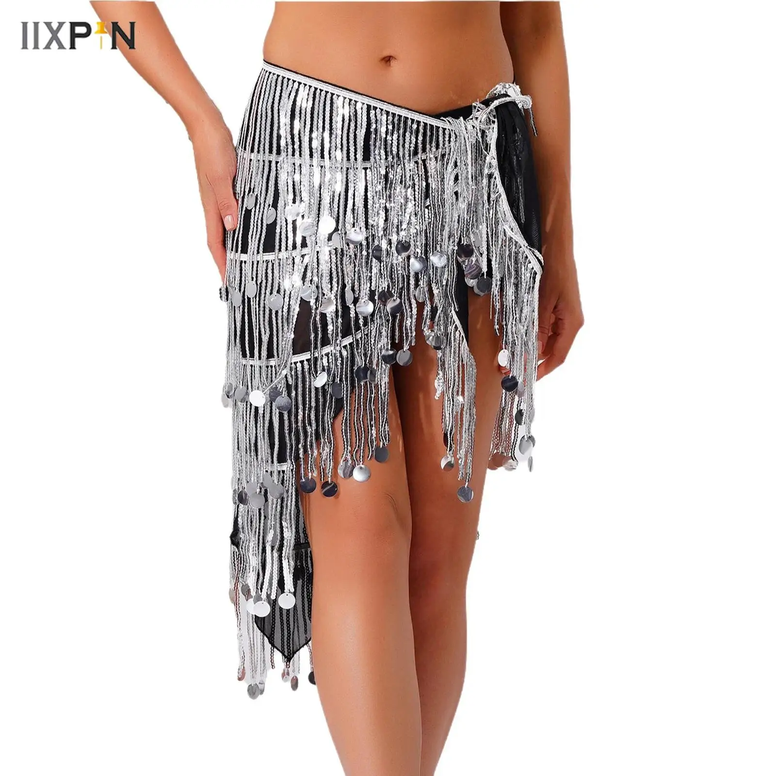 

Women's Latin Belly Dance Hip Scarf Glittery Sequins Tassel Triangle Waist Chain Lace-up Hip Skirt for Dance Class Performance