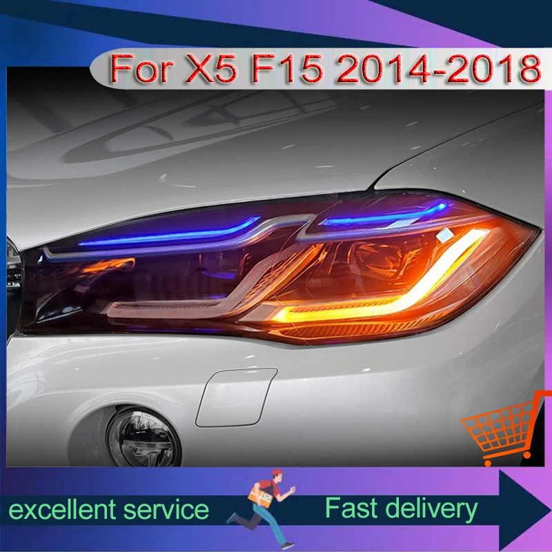 Auto Headlight For BMW X5 F15 2014-2018 Modified Assembly LED Lens Front Lamp Blue Eyebrow DRL Turn Signal Light Car Accessories