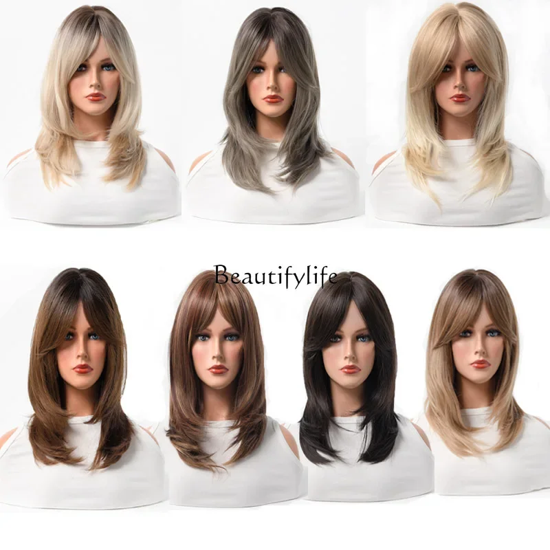 Wig simulation hair cover eight-character bangs water ripple medium and long style