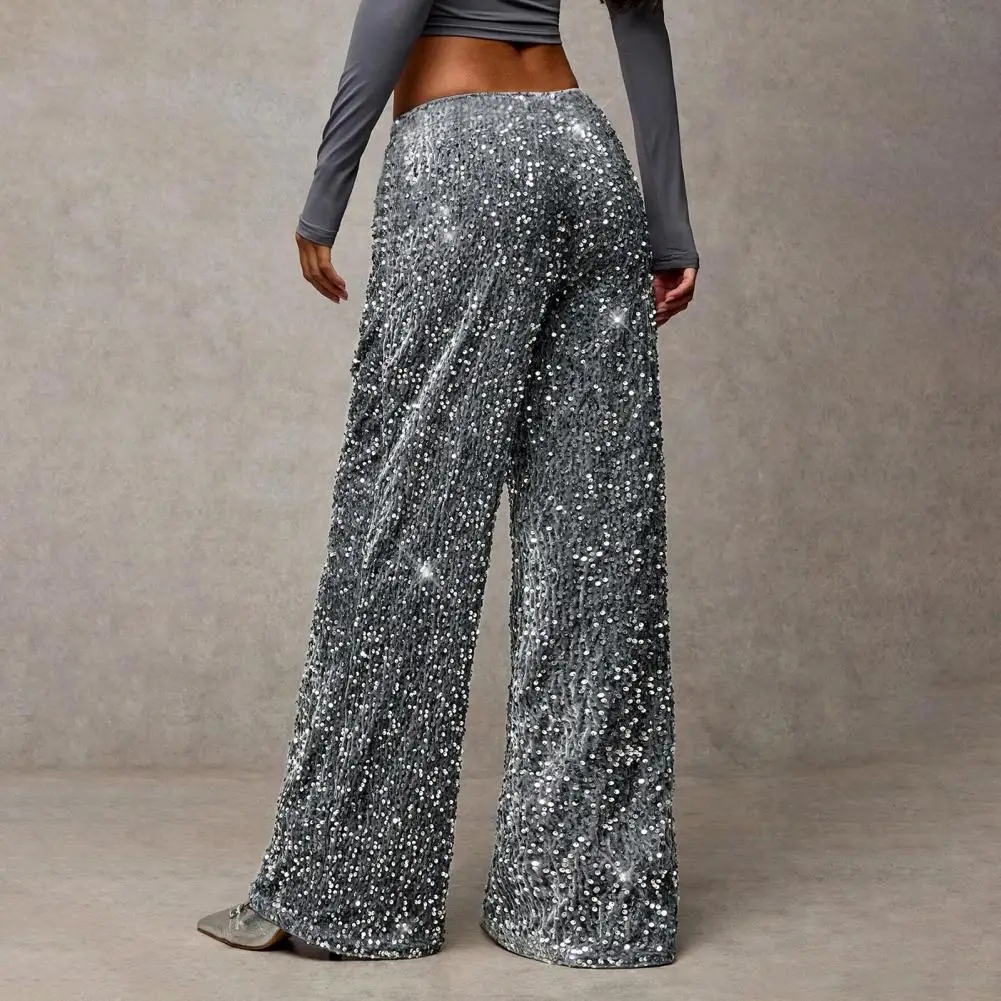 女性用スパンコールパンツエレガントなスパークリングハイウエストワイドレッグフレアパンツ女性のヴィンテージスパンコールパンツ弾性巾着