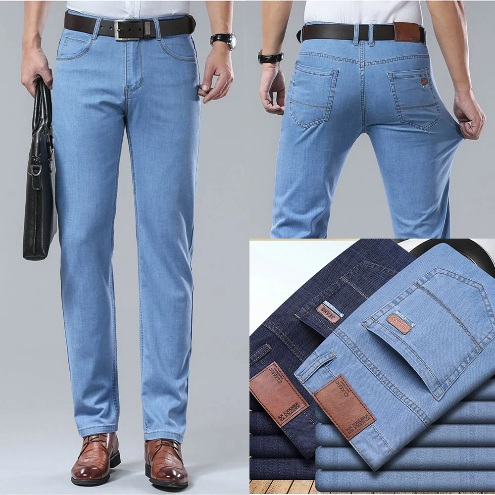 New Ice Silk Thin Denim Jeans For Men Blue Straight Stretch Cotton Pants Business Casual Lightweight Trousers Spring Summer