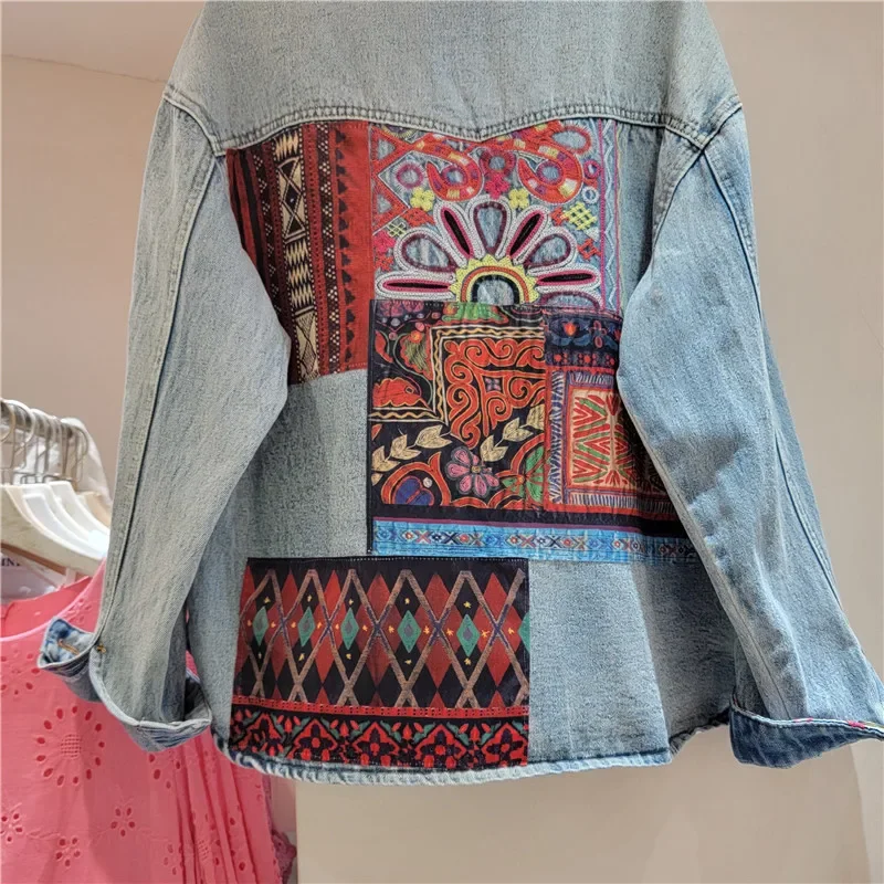 Vintage Blau Stickerei Verstärktes Denim Jacke Frauen Lose Kurze Cowboy Oberbekleidung Langarm Jeans Jacke Weibliche Chaqueta Mujer