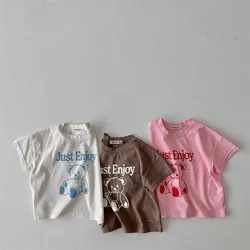 T-shirt à Manches Courtes en Coton pour Enfant, Vêtement Décontracté, avec Dessin Animé Ours Imprimé, pour Fille et Garçon, Nouvelle Collection Été 2024