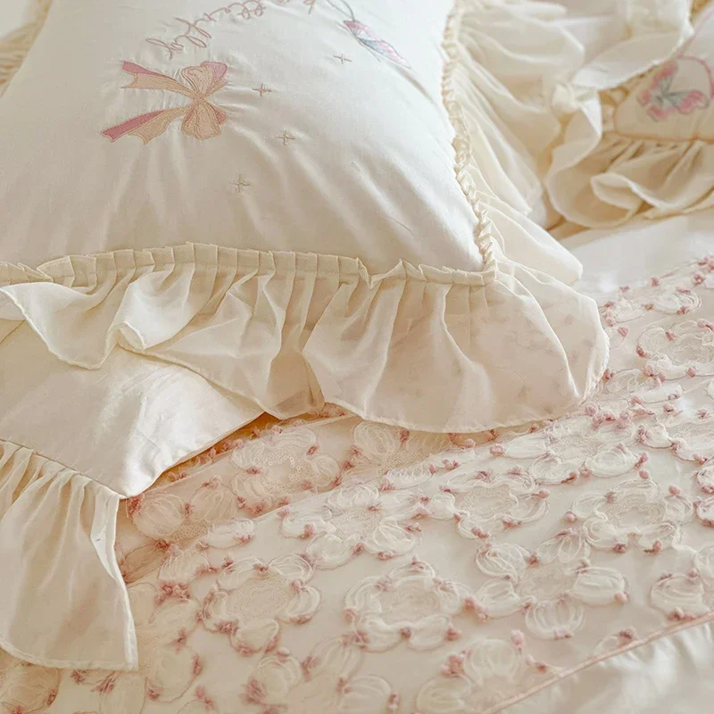 Beige Pink 1000TC Egyptian Cotton French Wedding Bedding Set Flowers Lace Embroidery Ruffles Duvet Cover Bed Sheet Pillowcase