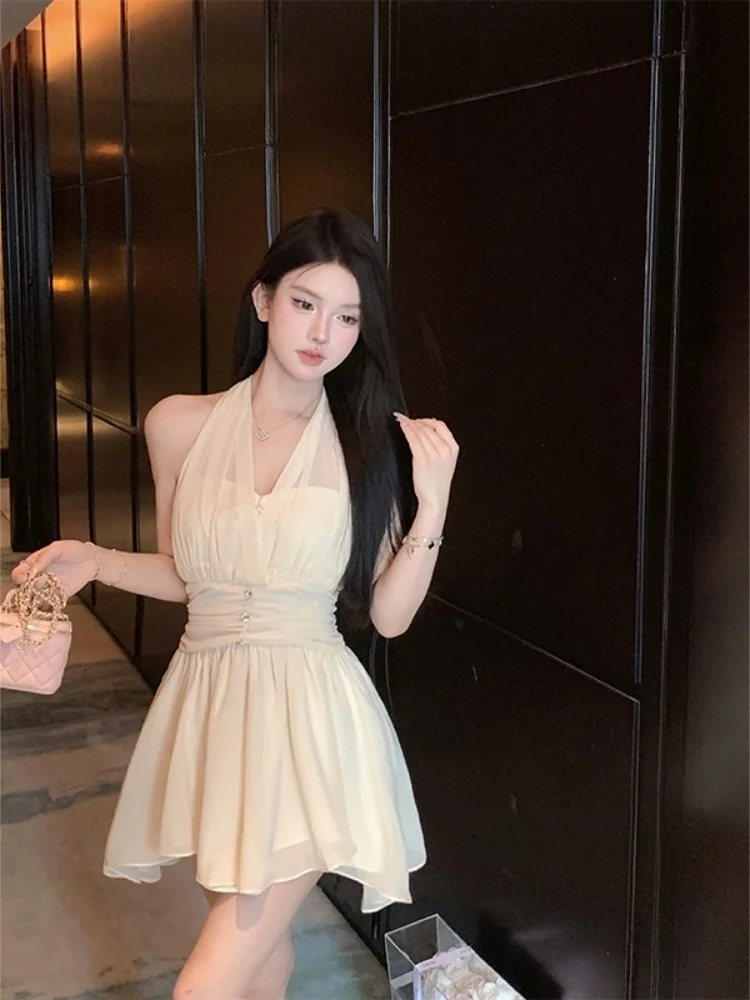 E Vestido Blanco de Gasa con Cuello ter para Mujer, Ajustado a la Cintura, Estilo Sexy y Puro, Sin Mangas, Línea A,...