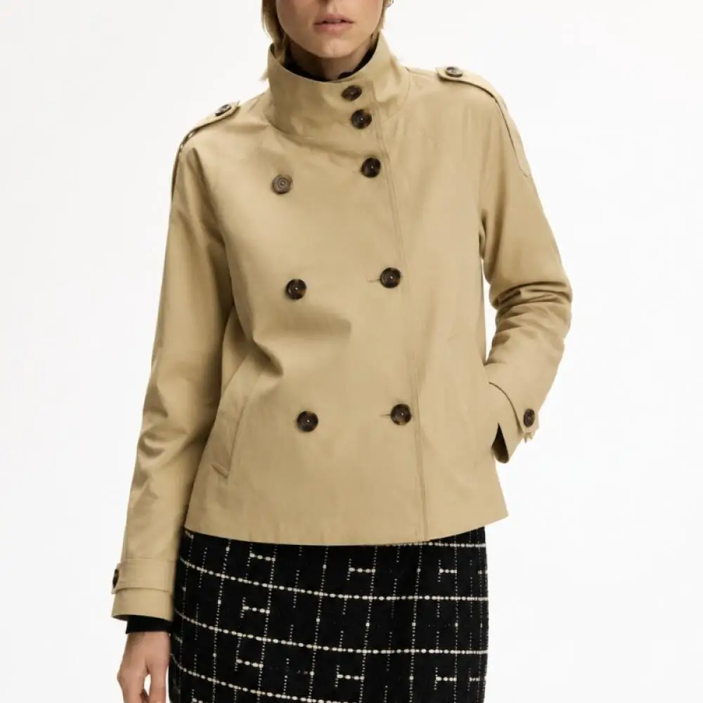 CH Damen Maßgeschneiderter Zweireihiger Stehkragen-Trenchcoat mit Schulterriemen und Manschetten-Schnallen für Business und Pendeln – Detail 3