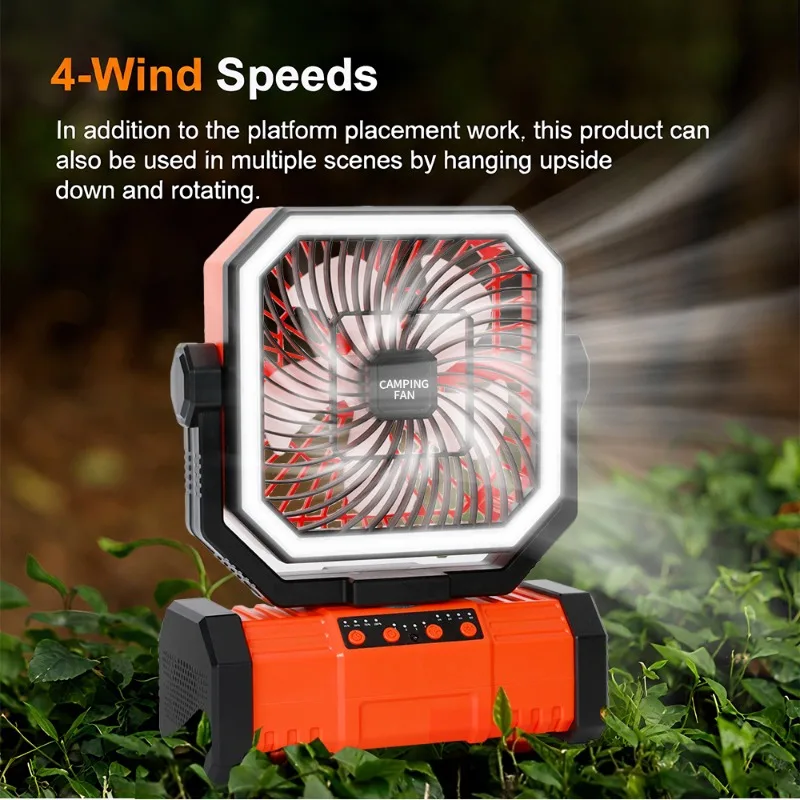 Camping Fan 10000mAh Rechargeable Desktop Portable Air Circulator Wireless Ceiling Electric Fan with Power Bank LED Lighting