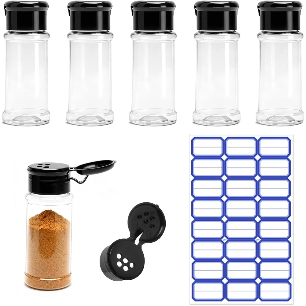 

6pcs transparent PET seasoning jars 100ml with flip top lids and labels for salt storage and spice organization