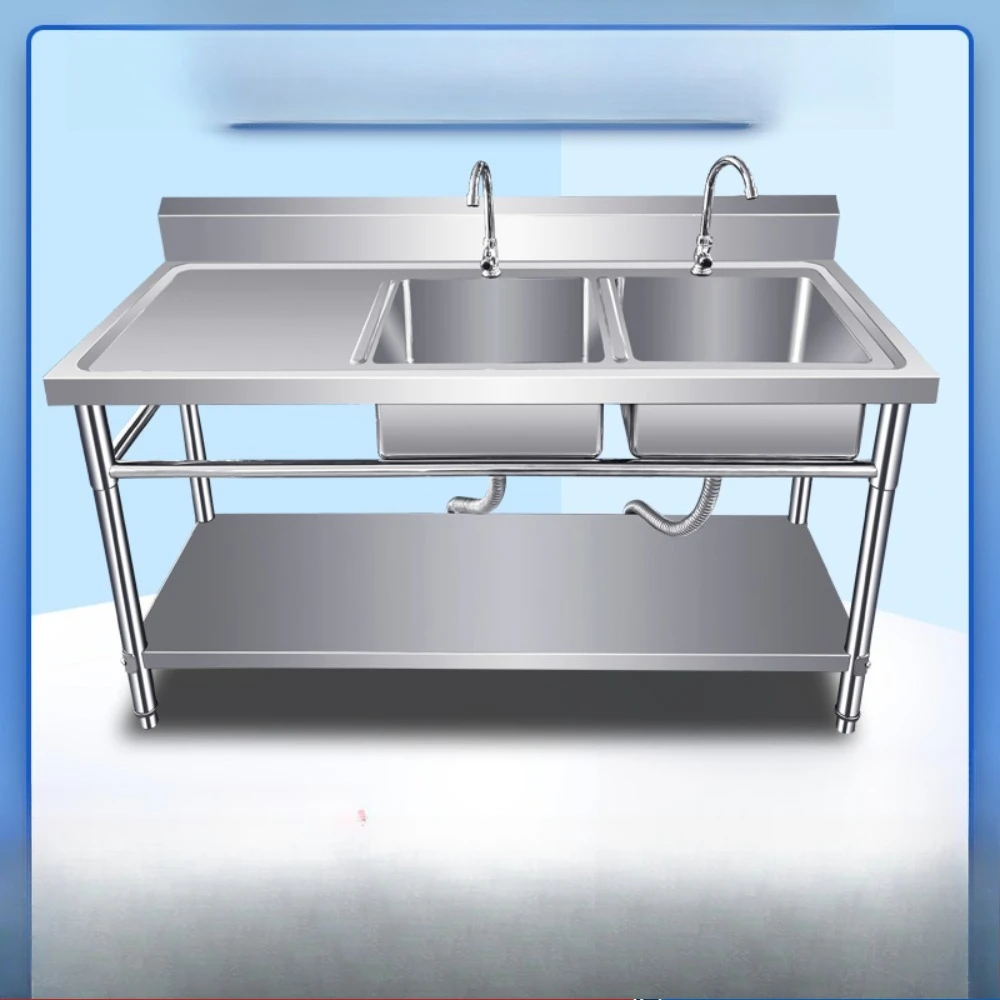 Thickened 304 stainless steel sink double sink workbench platform dishwashing sink vegetable basin home kitchen commercial custo