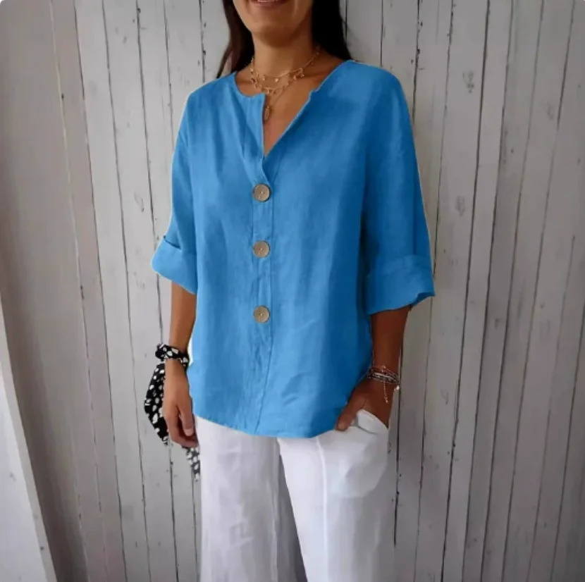 Plus Size Loose Shirt&Blouses Women's V-Neck Cotton Linen Button Top Casual Shirts Solid Elegant Office Womens Clothing Shirt view 6