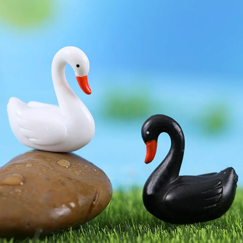 2PCS Black White Swan Home Miniature Fairy Garden Decoration Accessories Figurine Animal Model Statue Desk Ornament Figure