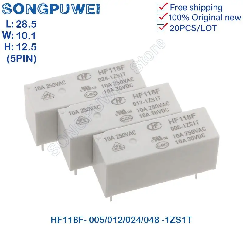 10Pcs/Lot HF118F Power Relay 5V 12V 24V 48VDC 5Pin 10A 1 Form C HF118F-005-1ZS1T HF118F-012-1ZS1T HF118F-024-1ZS1T Original new