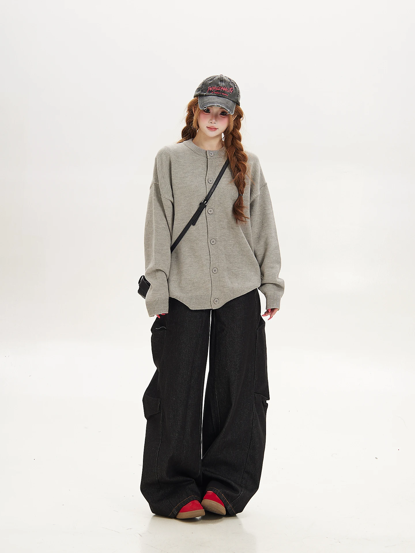 Gray Loose Knitted Sweater Women's Casual Style round Neck Open Cardigan Coat Ant Lazy Style Autumn Fashion Soft Polyester Fiber