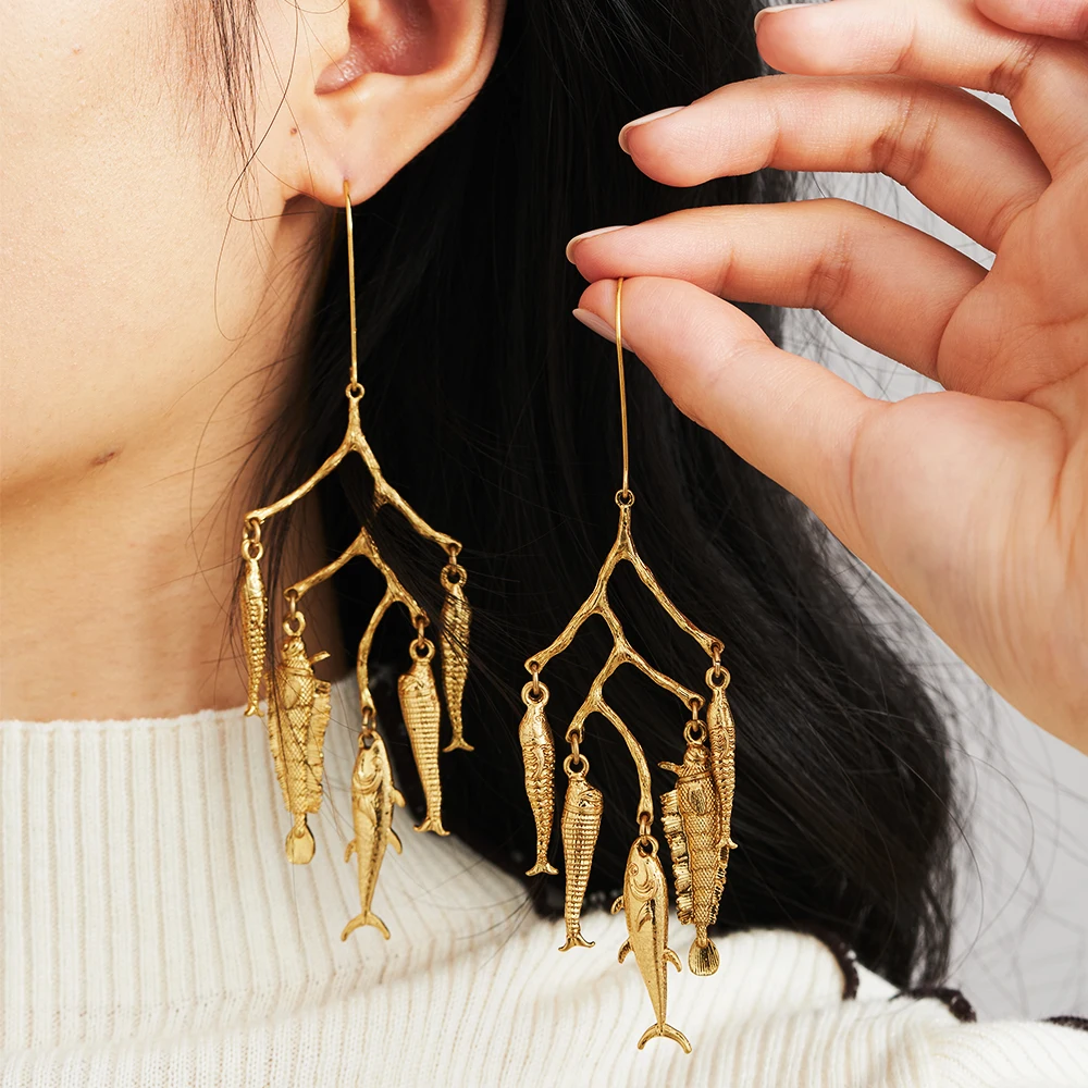 New In Vintage Earrings For Women Bohemia Gold Plated Earring Cute Metal Fishes Pendientes Multi Dangle Jewelry 2024 Fashion