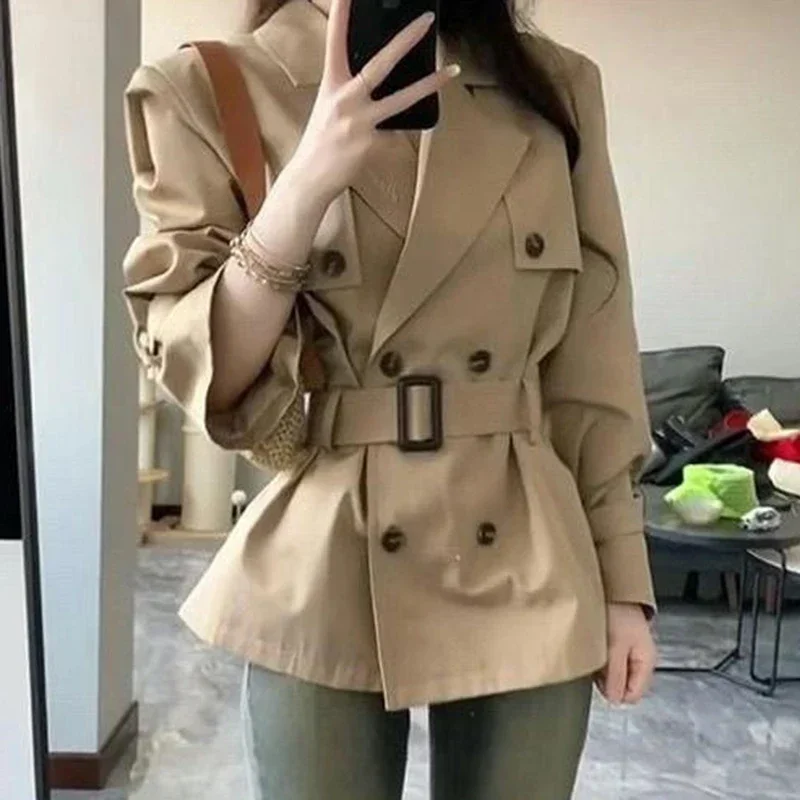 

Elegant Khaki Double Breasted Trench Coats Tops Lapel With Belt Outerwears Fashion Jackets Classic Women Windbreaker