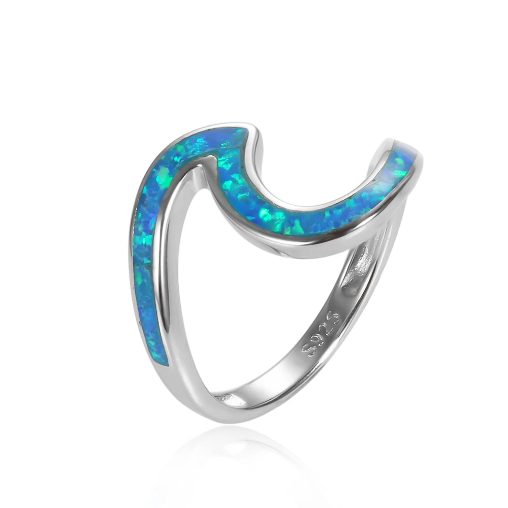 925 Sterling Silver Rings Blue Opal Wave Shape for Women Special Vintage Engagement Finger Ring Female Ring Fine Jewelry