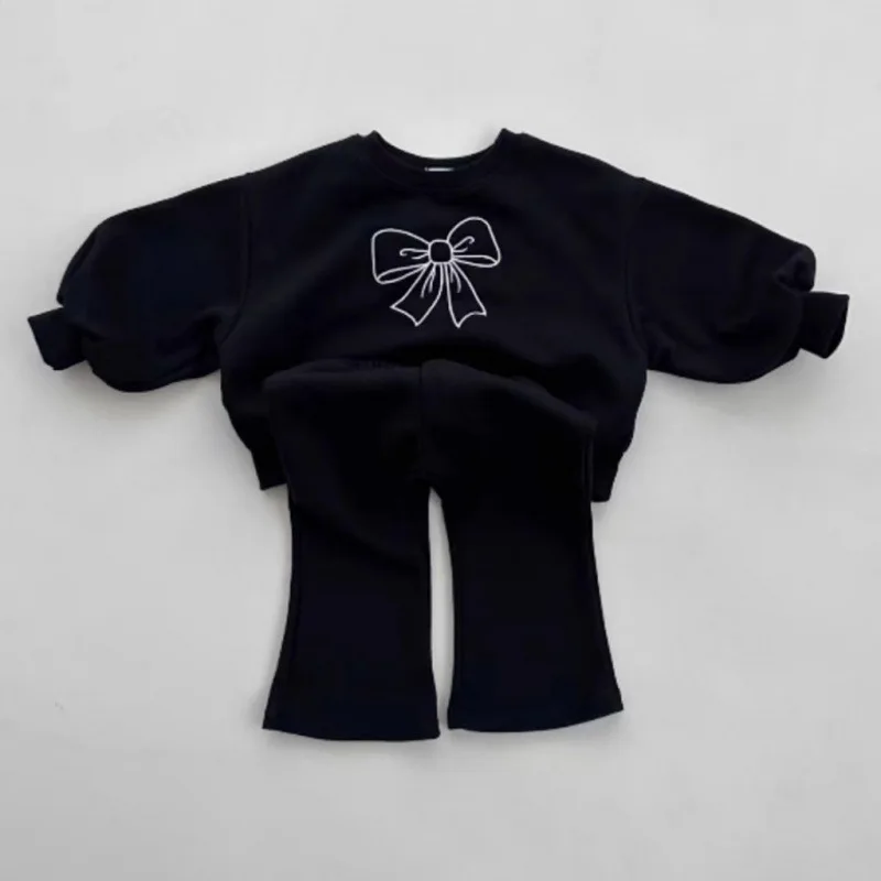 2024 autumn new baby simple design cute fashionable bow sweatshirt flared trousers casual two-piece set TZ230218