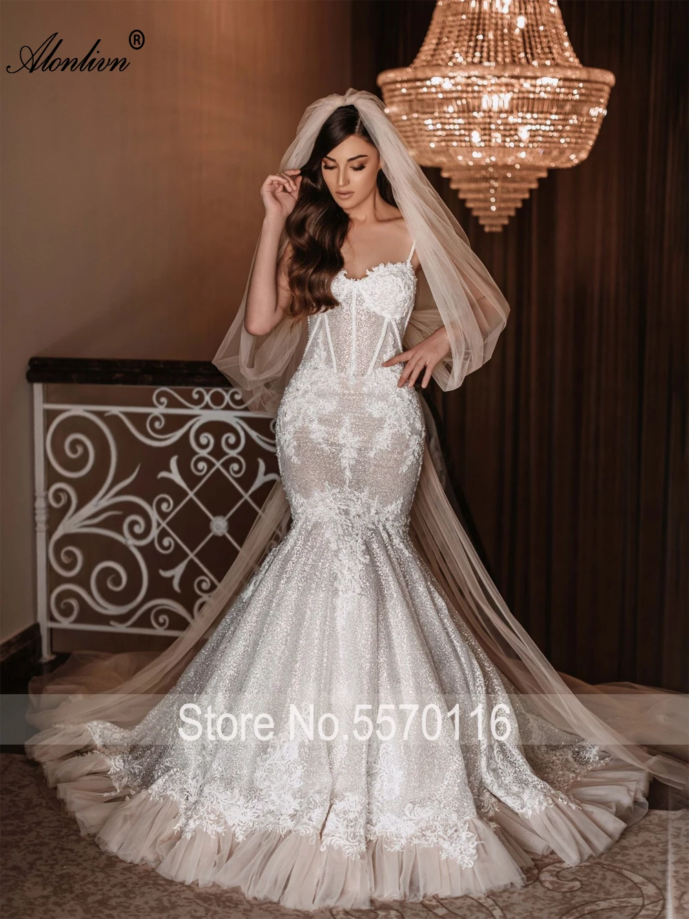 Alonlivn  Gorgeous Lace Sweetheart Mermaid Wedding Dress Beading Pearls Appliques Spaghetti Straps Trumpet Bridal Gowns