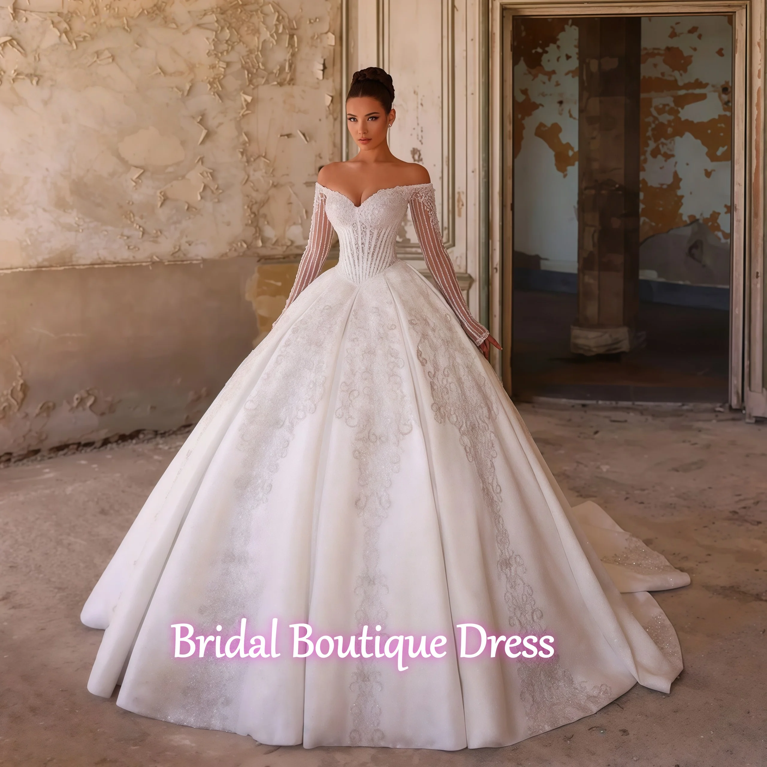 Customized Luxury Off Shoulder Shiny A-Line Wedding Dresses Lace  Embroidery Stunning Vestido De Novia Chic Vintage Bridal Gowns
