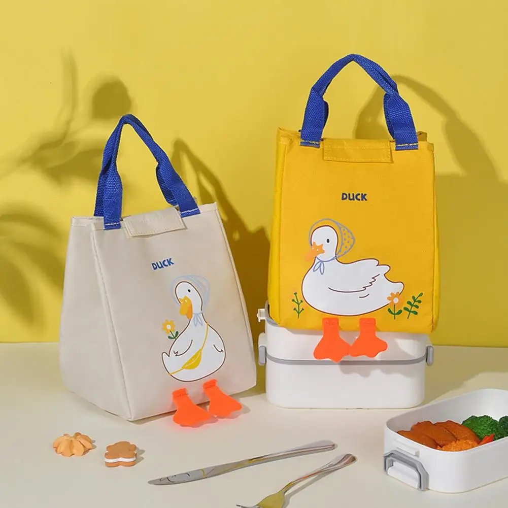 

Lunch Bag Foldable Fastener Tape Closure Thermal Insulation Portable Cartoon Little Yellow Duck Bento Pouch Handbag for School