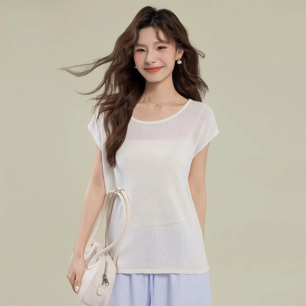 

New Women Summer Basic Knitted T-shirt Fashion Solid Color O-Neck Short Sleeve Loose T-shirt Simplicity Casual Daily T-shirt