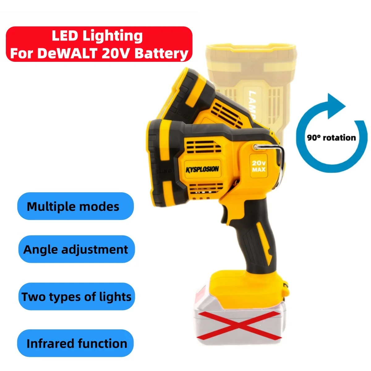 Angle réglable de lumière de secours LED haute luminosité, convient à la batterie DEWALT 20V, lampe de poche pour le camping, la réparation de voiture et les pannes de courant