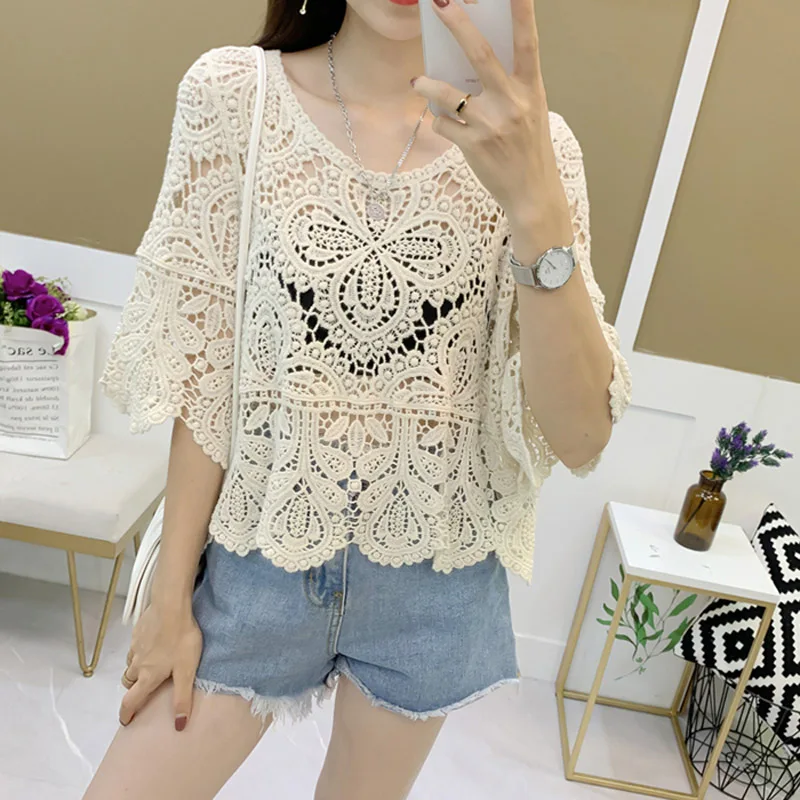 Floral Paisley Crochet Tops Women Smei Sheer Hollow Out Lace Blouse Women Bohemian Style Summer Beach Cover-ups view 2