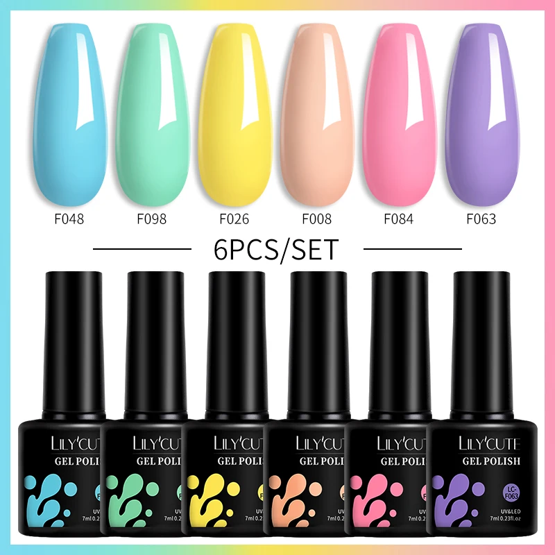 Lilycute 6 Stks/set Gel Nagellak Set Semi-Permanente Lente Zomer Kleuren Serie Doordrenken Van Uv Nail Art Gel Vernis Base Top Coat