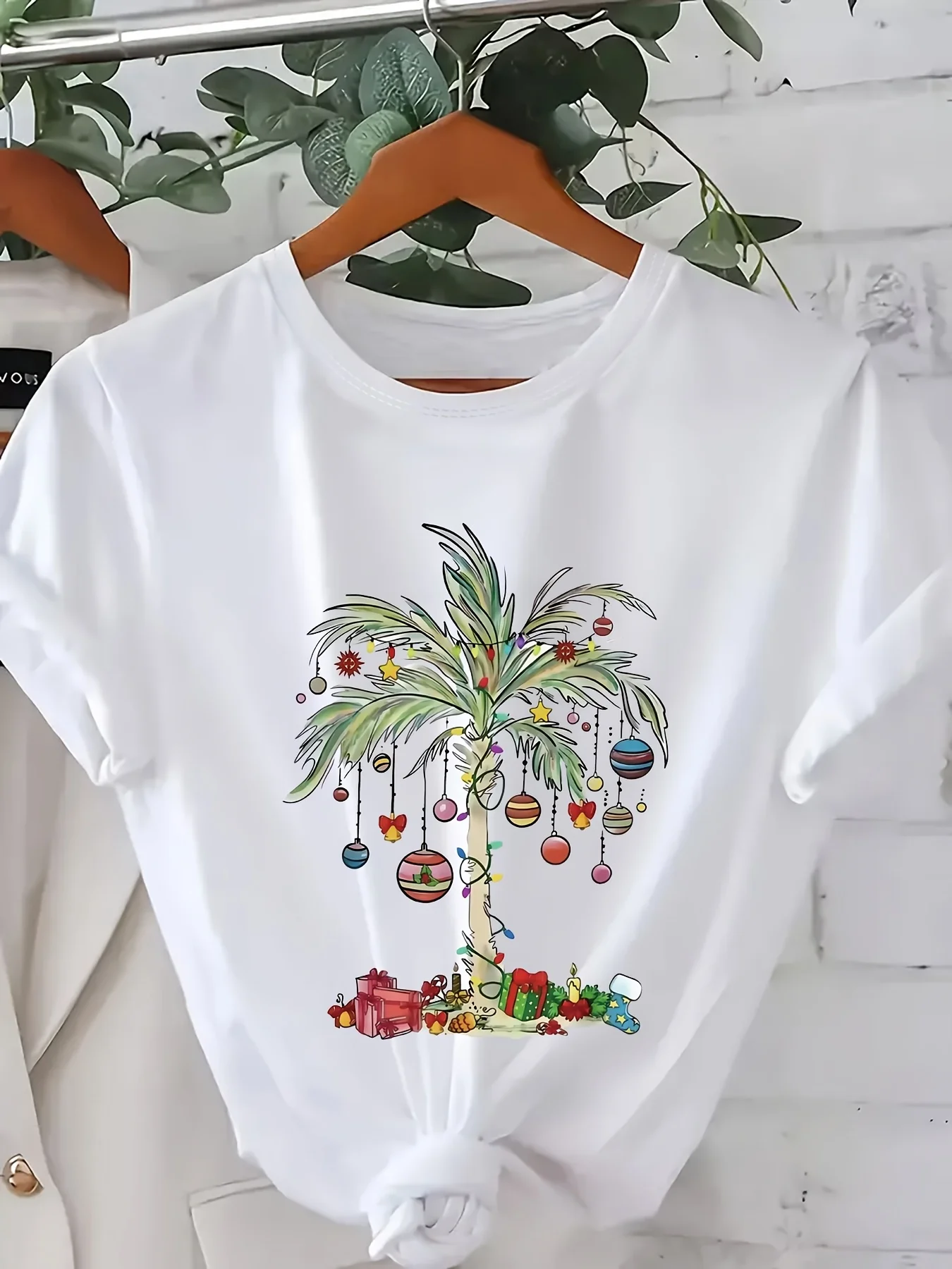 

Women'S Christmas T-Shirt with Palm Tree & Candy Canes Design - Casual Crew Neck, Short Sleeve, Christmas Shirts
