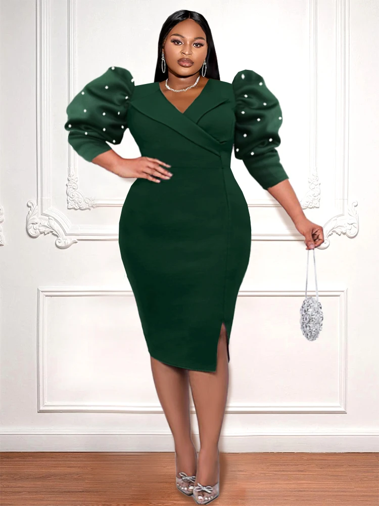 AOMEI Party Dress Bodycon V Neck Midi Puff Sleeve Beading Dark Green High Waist Slit Elegant Office Work Evening Christmas Gowns