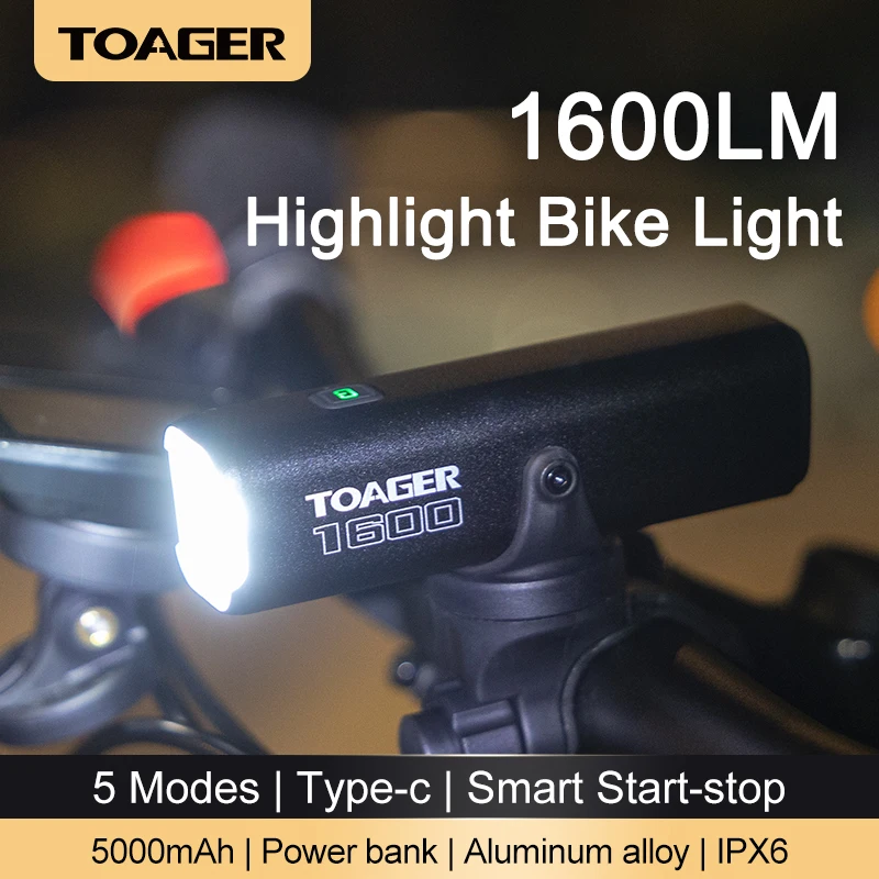 TOAGER Bicycle Light 1600Lumen Front Lamp 5000mAh Waterproof Type-C Rechargeable Power Bank Bicycle Headlight MTB Road Bike