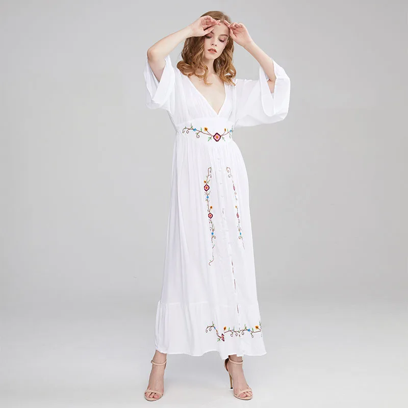 n Sle Long Sve V-Ne Embroidered Floral Maxi Dr Loose Fit Summer Autumn Spring Season Women's Dr